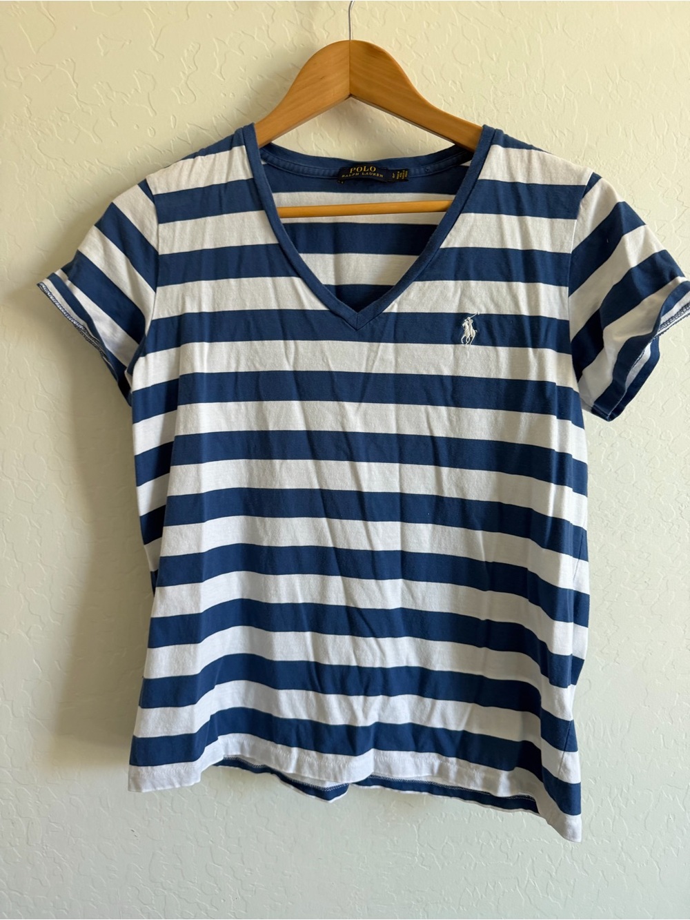 Polo Ralph Lauren Women's Striped V-Neck Tee Navy White - Size L